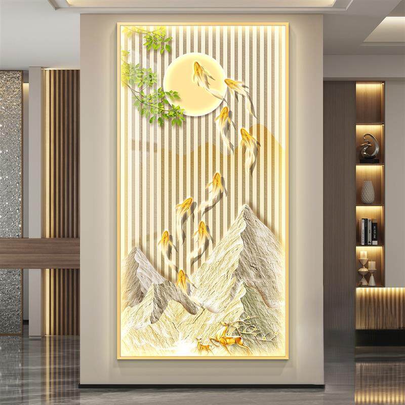 九鱼聚财LED灯画玄关装饰画入户走廊过道正对门挂画轻奢金山壁画