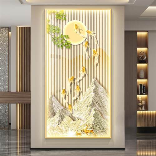 九鱼聚财LED灯画玄关装饰画入户走廊过道正对门挂画轻奢金山壁画