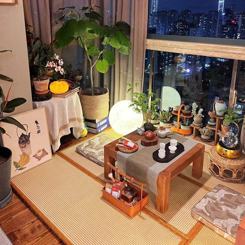 蘑菇小匠中式阳台榻榻米茶桌实木飘窗小茶几榆木正方形矮桌花梨色