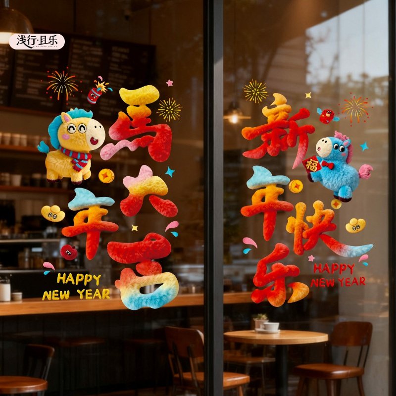 2026马年卡通毛绒静电贴玻璃贴新年5D窗花窗贴新春场景氛围装饰