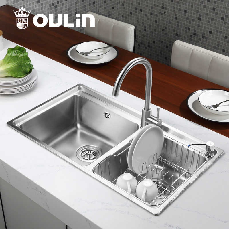 欧琳 厨房水槽双槽套餐 304不锈钢洗菜盆 水盆加深加厚水池洗碗池