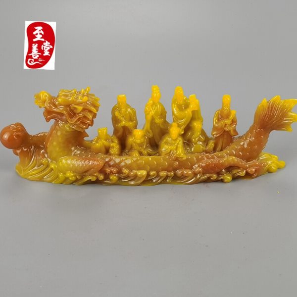 仿玉石原石仿古寿山石雕田黄石龙舟八仙过海摆件客厅装饰摆件