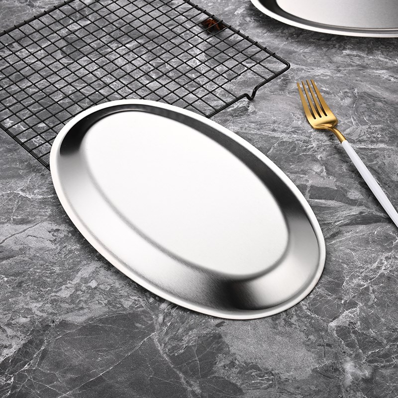 韩式不锈钢鱼盘蛋形盘金色椭圆平B底托盘大号蒸鱼盘菜盘商用烧烤