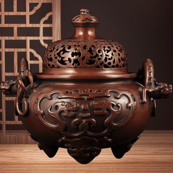 紫铜螭龙纹三足薰香炉摆件家用客厅茶室禅室静心香熏炉佛具用品