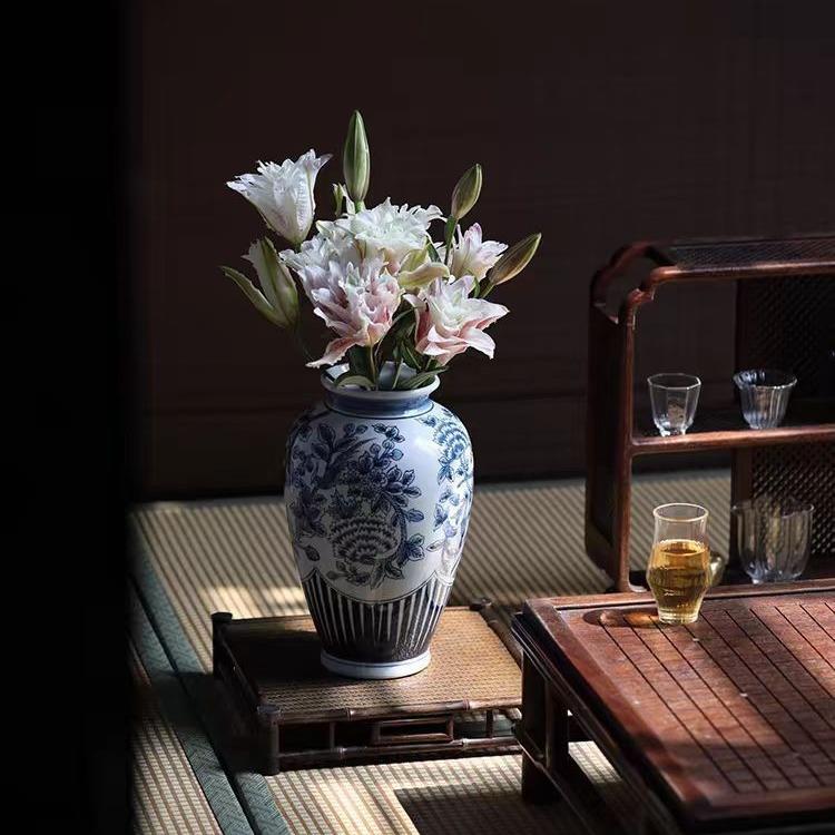 新中式青花瓷玄关花瓶摆件青花雀鸟瓶客厅陶瓷花器