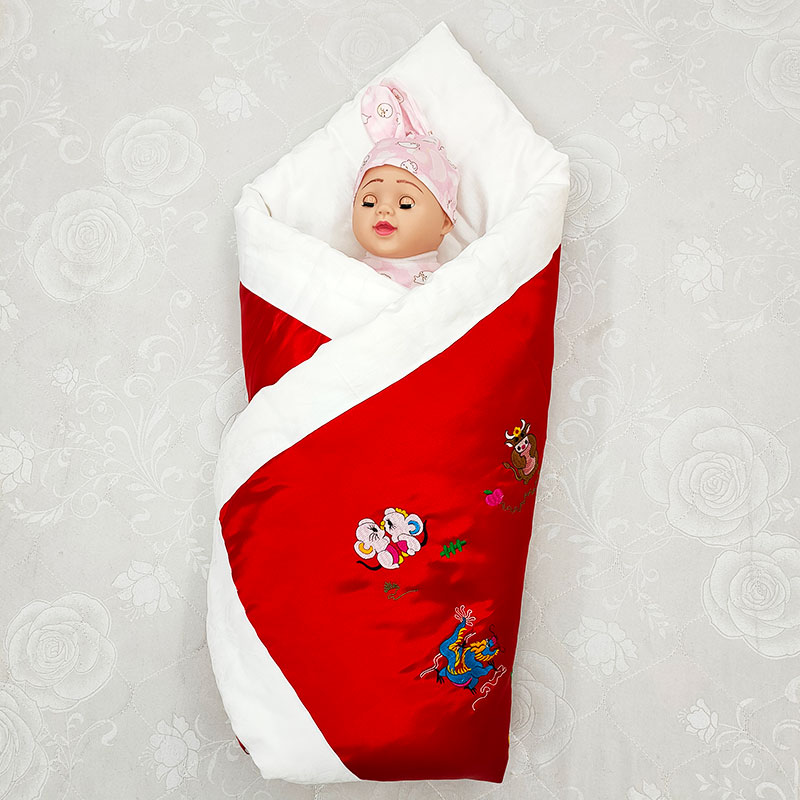 丝绸刺绣手工棉花婴儿贴身棉被子春秋冬季加厚新生儿抱被礼物