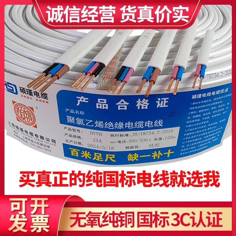 国标纯铜两2/3i芯白色护套硬线2.5/4/6平方电线家用三相电源线VV