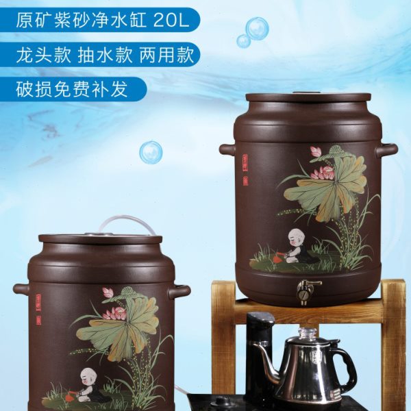 紫砂水缸20L储水罐陶瓷过滤茶水桶带龙头净水缸抽水桶手工大号