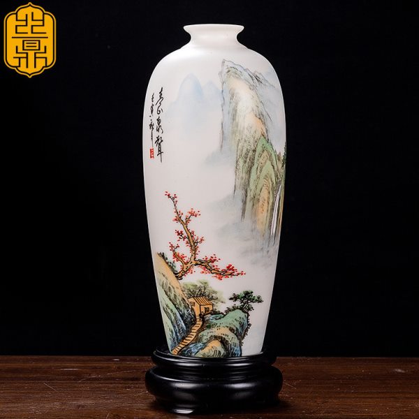 丝鼎 羊脂玉陶瓷手绘小寿瓶花瓶摆件 客厅中式插花古典家居装饰品