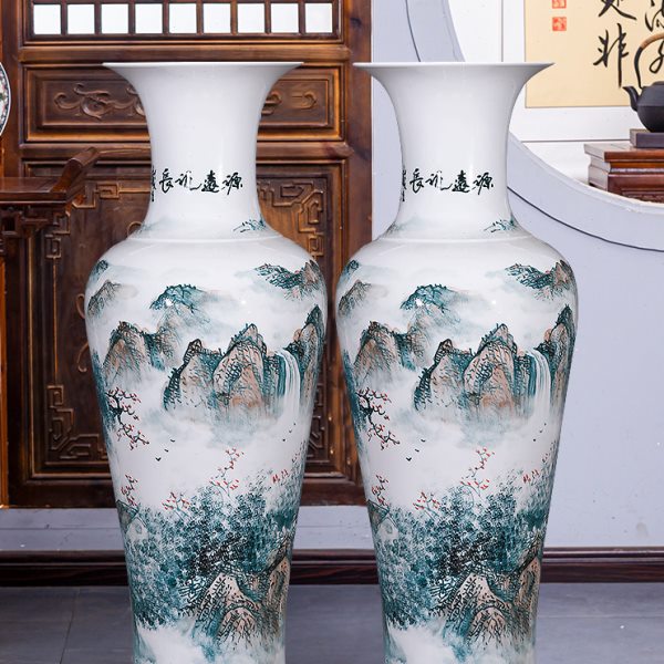 景德镇陶瓷手绘山水画鱼尾大花瓶摆件新中式客厅落地插花酒店开业