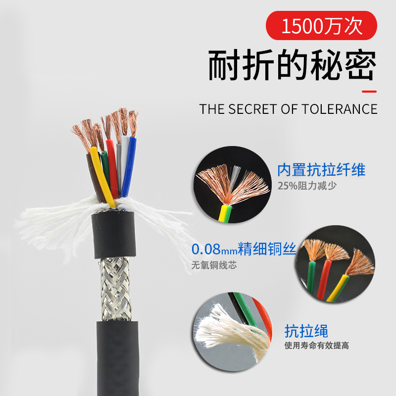 屏蔽拖链电缆VViP手线1500万次耐折抗干扰高柔性2/3/4/5/6芯机械