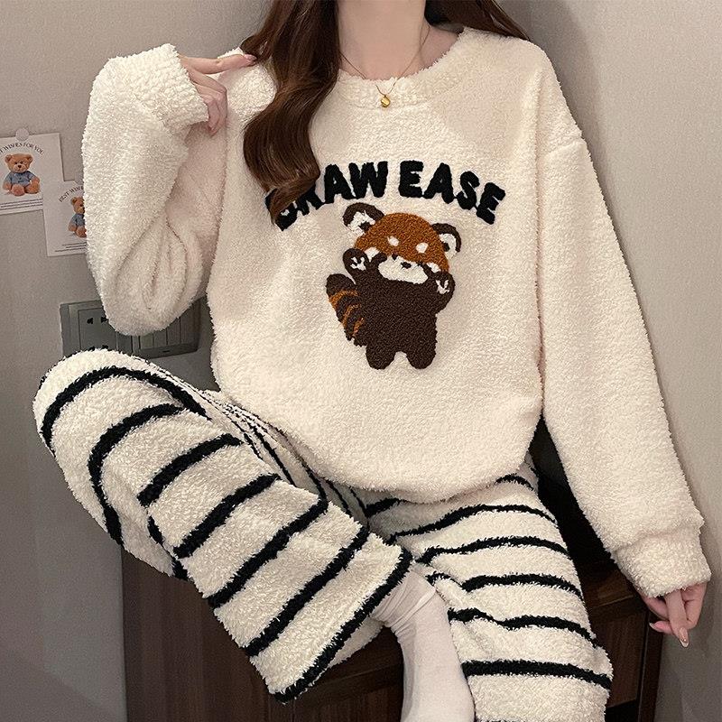 半边绒睡衣女款冬季加厚加绒珊瑚绒日系可爱套装冬天家居服可外穿