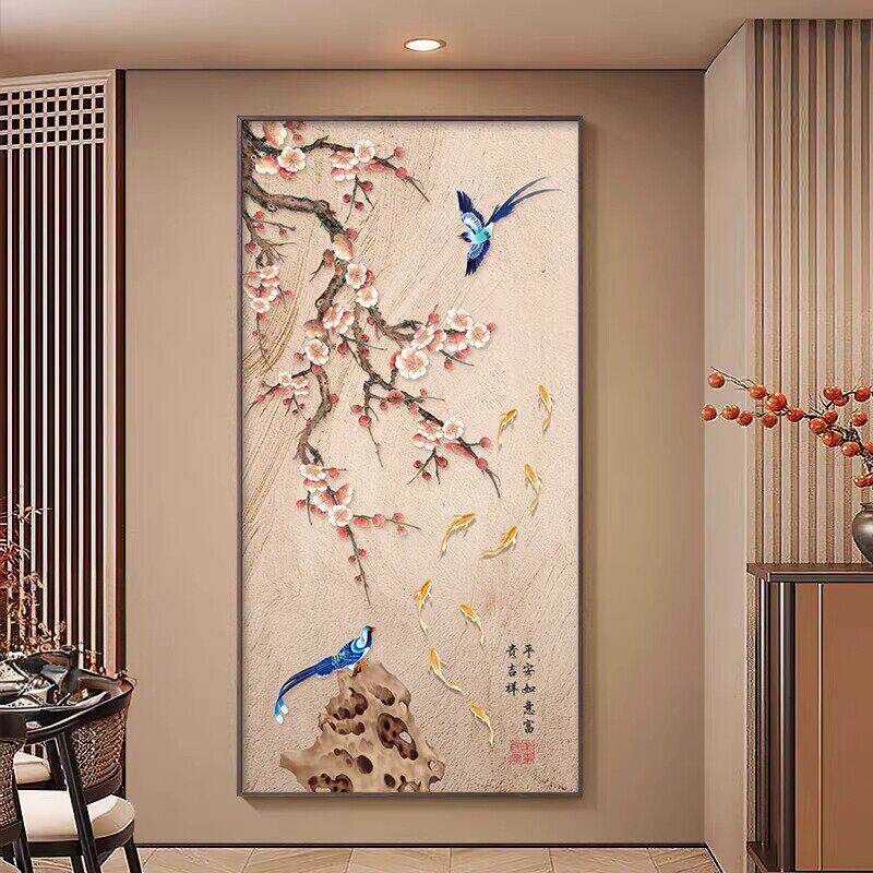 喜上眉梢玄关装饰画中式花鸟壁画高级大气入户正对门走廊过道挂画