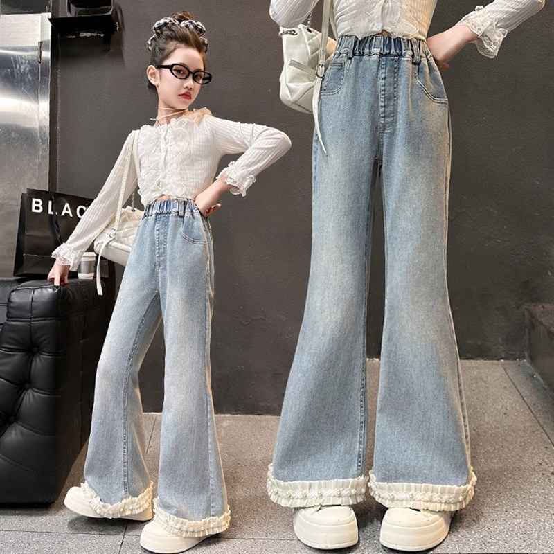 女童喇叭裤春秋2025新款儿童修身裤子女孩大童春季弹力微喇牛仔裤