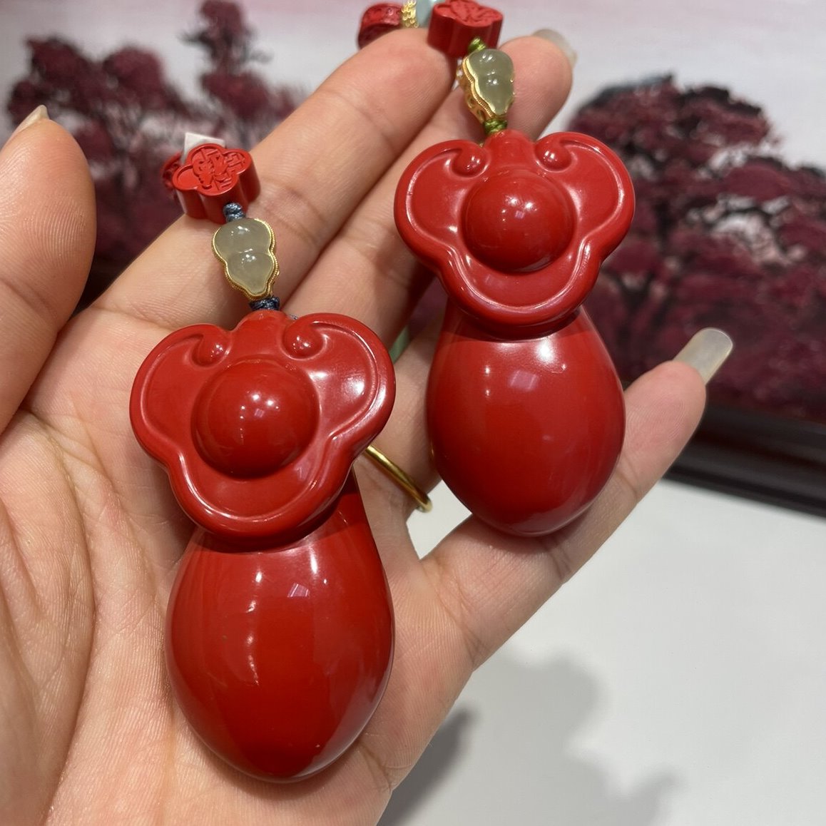 赤丹原创朱砂红砂如意手把件摆台圆润饱满手感好蓝色青绿色流苏款
