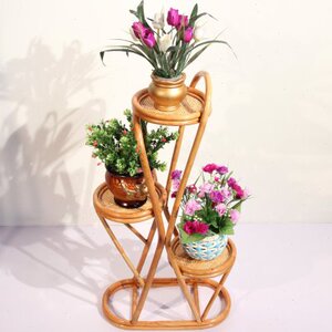 藤艺花架家居装饰品 实木花架木质花架创意手工艺品桌面地面摆件