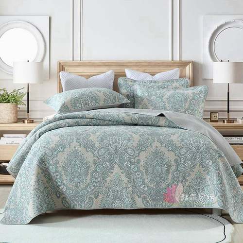 和燕家纺外贸美式双面纯棉佩利斯印花床盖三件套水洗夹棉绗缝被