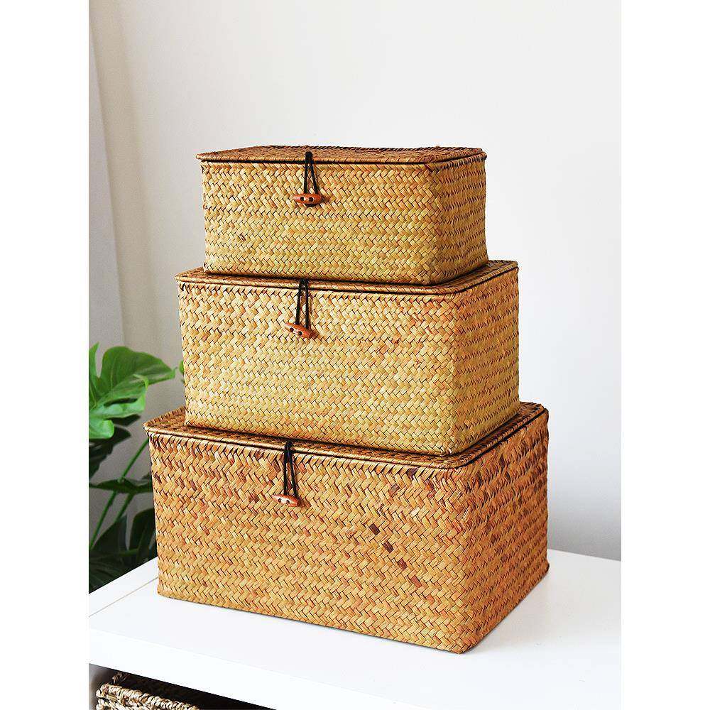 J6DA海草编织篮收纳箱收纳盒整理箱竹篮藤编收纳筐竹编篮带盖藤筐,电子元器件市场,其它元器件,淘宝优惠券,粉丝福利购,淘宝优惠卷