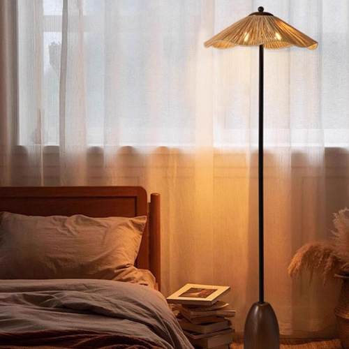 新中式客厅落地灯中古风原木复古氛围灯实木草编卧室床头落地灯