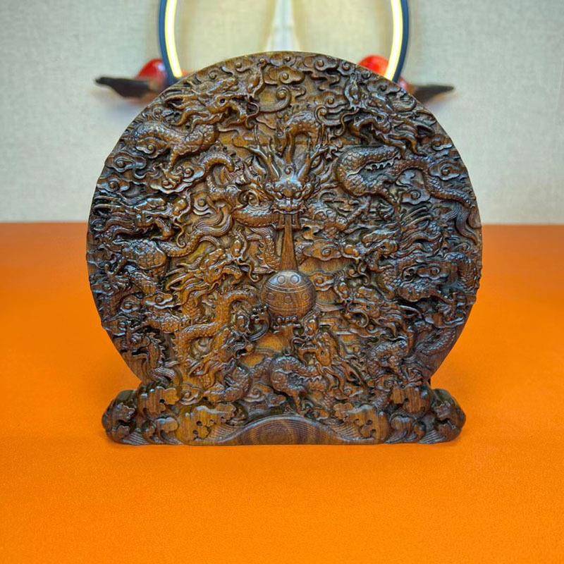 沉香木质九龙戏珠壁挂18*18*12cm雕刻工艺品挂件中式玄关桌面摆件