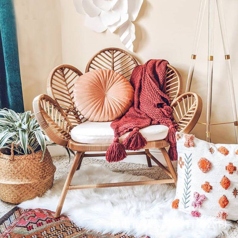 花朵椅沙发椅北欧休闲单人藤编靠背椅藤椅阳台客厅简约孔雀复古椅