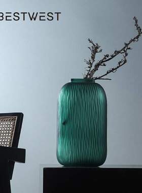 博西家居 孔雀绿刮痕玻璃花瓶创意轻奢绿色花器家居客厅软装摆件