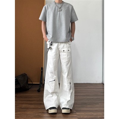 qt studio白色微喇牛仔裤男女美式复古宽松阔腿休闲工装裤子长裤