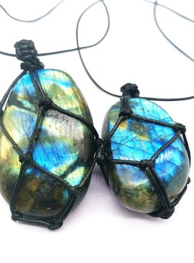 天然月光石拉长石原石吊坠项链手工编织款拉长石网兜吊坠