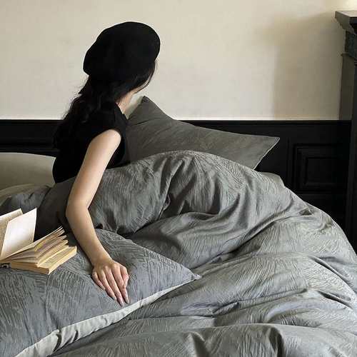 日式复古全棉色织大提花磨毛加厚四件套简约素色撞色长绒棉轻磨毛