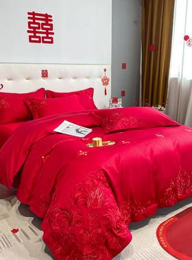 A10L100S婚庆四件套大红色纯棉被罩床单欧式陪嫁结婚床上用品