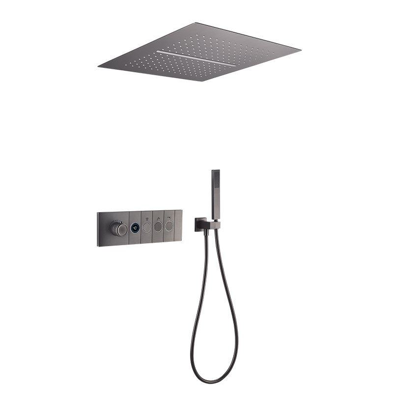 pcooy枪灰天幕吊顶暗装入墙式花洒套装恒温数显按键瀑布吸顶淋浴