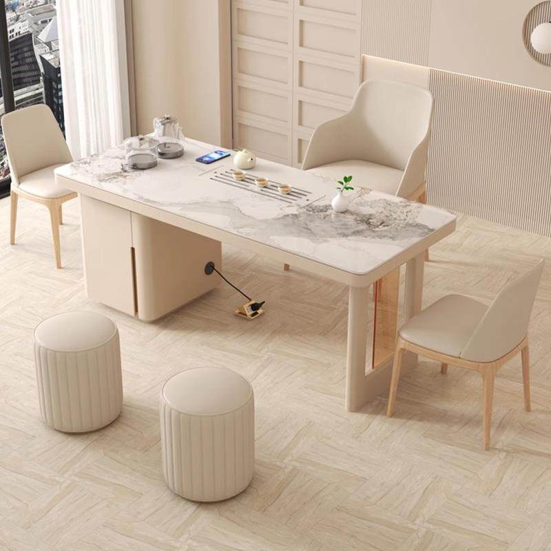 8V奶油风岩板茶桌椅家用小茶台现代简约自动烧水壶一体办公室茶台