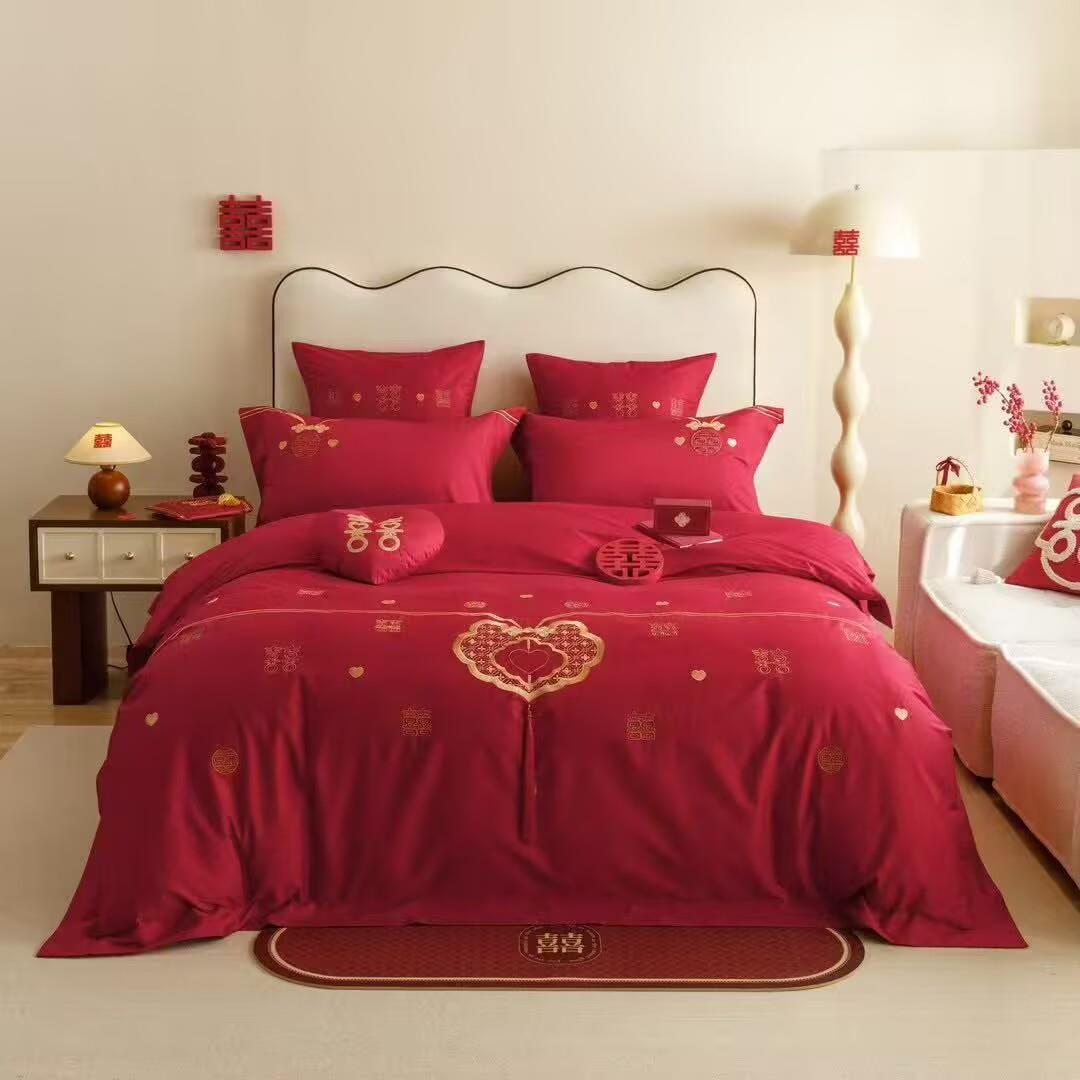 婚庆120S贡缎长绒棉四件套喜刺绣红色被套床上用品新中式结婚简约
