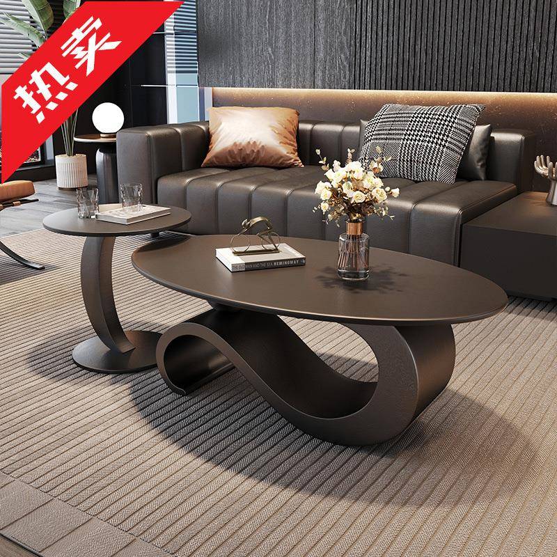 ir意式黑色岩板茶几小户型轻奢现代简约椭圆形网红客厅家用极简组