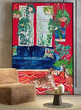 现代美式复古风红色美式艺术客厅玄关装饰画卧室床头壁画竖版挂画