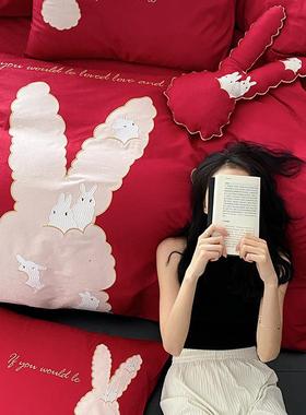 100s高端长绒棉提花婚庆四件套红色结婚纯棉喜被全棉新婚陪嫁床品