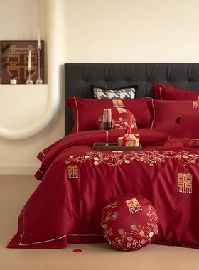 十里红妆~100支全棉长绒棉四件套刺绣纯棉大红色婚庆嫁娶结婚床品