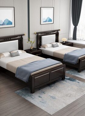 新中式实木床1.2米现代简约儿童小床轻奢复古民宿家具1.35m单人床