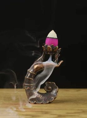 纯铜制品铜摆件佛手莲花倒流香办公室桌面茶台装饰倒流香插铜茶宠