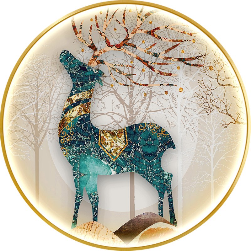 轻奢现财麋鹿装饰画LED圆形发光灯画新中式入户玄关对门壁画图片
