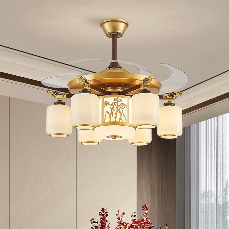 新中式客厅风扇灯朝下隐形一体电灯餐厅吊灯中国风饭店包厢吊扇灯