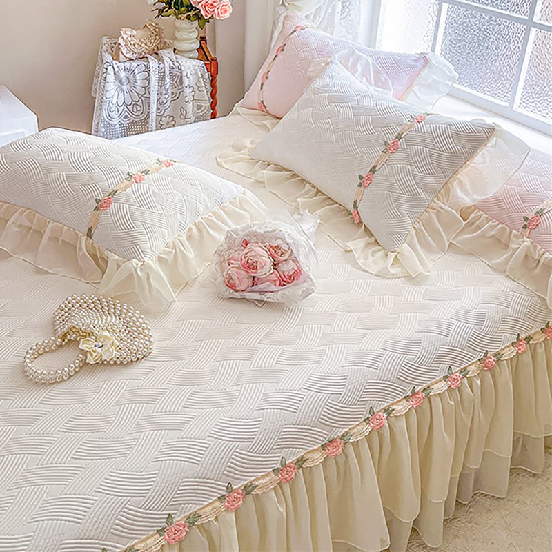 夏季凉感a类冰丝凉席三件套可机洗公主风蕾丝刺绣床裙空调软席子