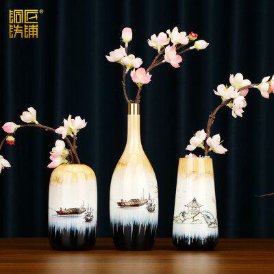彩铜花瓶摆件三件套新中式家居客厅办公室装饰品摆设干花花器