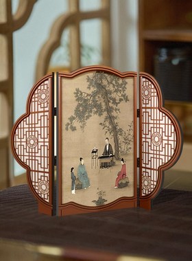 中古风客厅桌面边柜装饰摆件装饰画高级感玄关柜可折叠屏风摆画