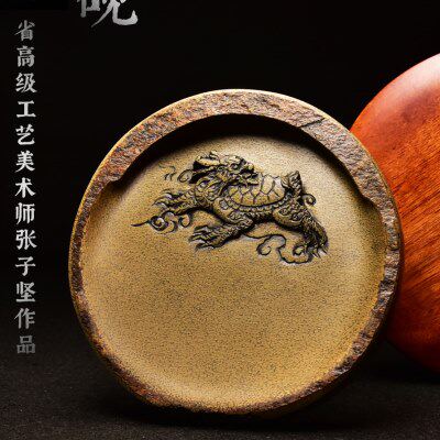 非遗歙砚名师孤品老坑砚台龙龟麒麟砚原石高端砚台龙尾收藏文房砚
