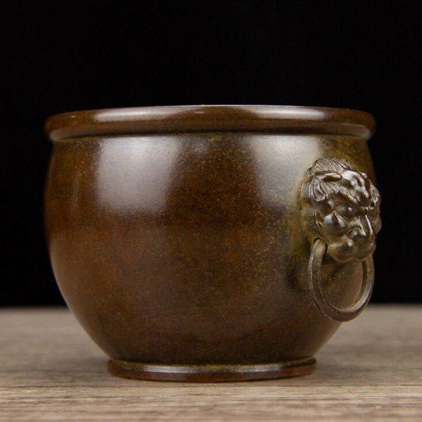 包邮精工大号古玩铜器古董收藏仿古纯黄铜紫铜素面缸双兽缸