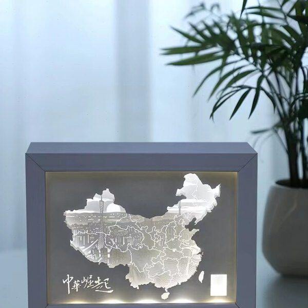 中国地图创意实木相框摆件定制3D立体纸雕灯文创书桌小夜灯礼物