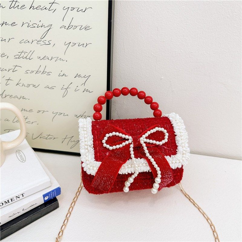 新年大红色小方包儿童珍珠手提包宝宝可爱蝴蝶结链条包女童零钱包