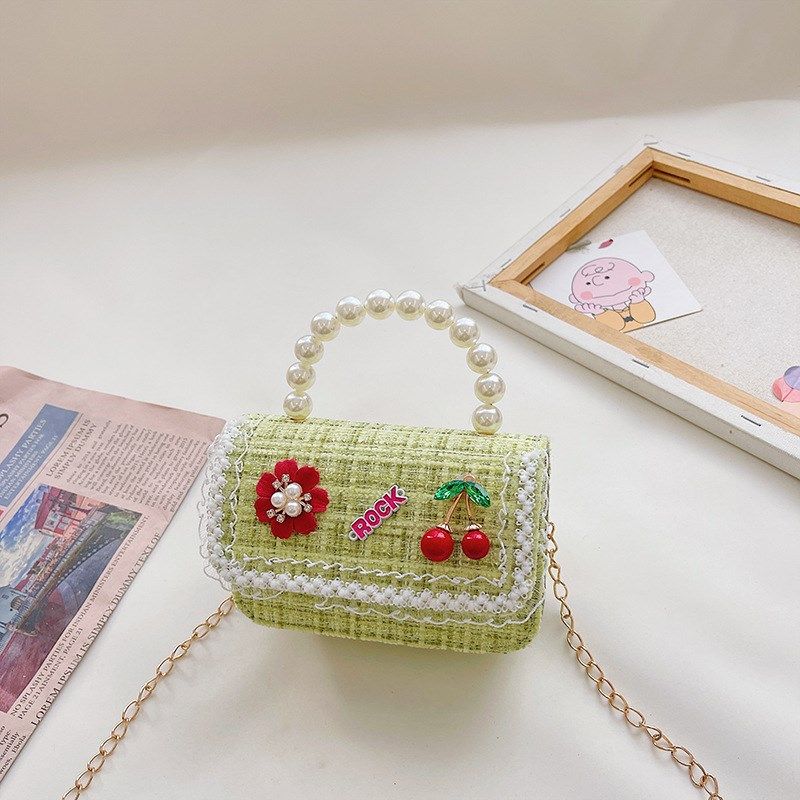 冬季儿童小挎包棉麻珍珠手提包韩版小香风珍珠蝴蝶结链条斜挎包