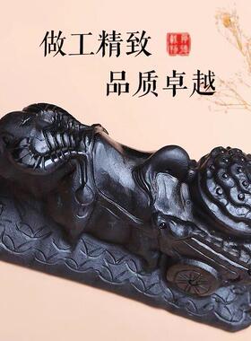 天然黑曜石福牛运财摆件牛拉元宝拉白菜财宝车客厅办公室玄关摆件